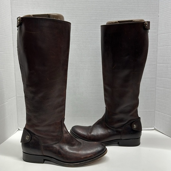 Frye Melissa Button Back Zip Leather Knee High Riding Biker Boots Boot Brown 6 - Picture 1 of 10